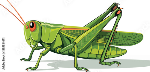 Cartoon representation of a green grasshopper with orange antennae and detailed segmented body parts standing