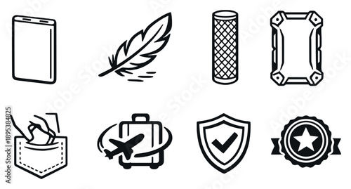 Portability and design features in outline style: slim power bank, lightweight feather, textured grip, rugged casing, pocket size outline, travel friendly icon. Vector icons