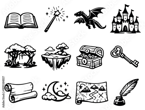 Storytelling and Fantasy Elements in outline style: open book, magic wand, flying dragon, castle silhouette, enchanted forest, floating island, treasure chest. Vector icons