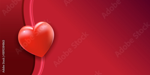 Two 3D red hearts with glossy finish on elegant burgundy background, romantic couple concept banner with silk wave lines for Valentine s Day or wedding anniversary.