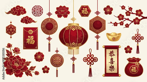 Chinese New Year Decorative Symbol Vector – Red and Gold Icons Featuring Lanterns, Red Envelopes, Blossoms, Knots, and Ingots for Festive Cultural Design