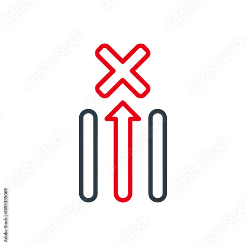 Clean line art vector icon showing three horizontal bars with right arrow pointing to bold X cross mark, symbolizing canceled list, rejected items, blocked process, or no tasks