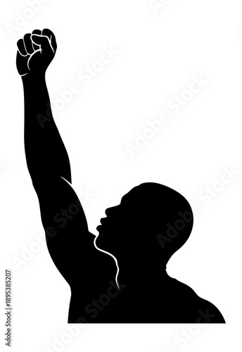 Profile silhouette of a person raising fist in triumph and solidarity from a low angle viewpoint vector illustration