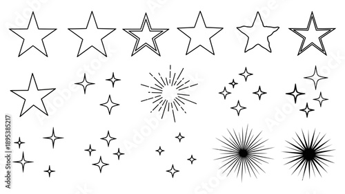 A collection of various star shapes and sparkle designs, including lines and bursts, in different sizes and styles, presented in a grid layout from a straightforward viewpoint.