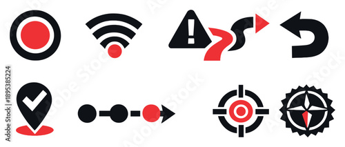 Navigation feedback and monitoring in bold style: live position dot, signal waves, deviation alert, correction arrow, arrival confirmation checkmark, journey. Vector icons