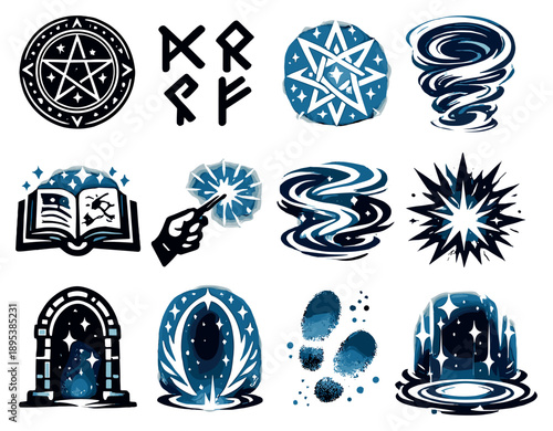 Fantasy and Magical Teleportation in bold style: magic circle glyph, rune symbols, glowing sigils, swirling mist, spell book, wand gesture, arcane energy waves. Vector icons