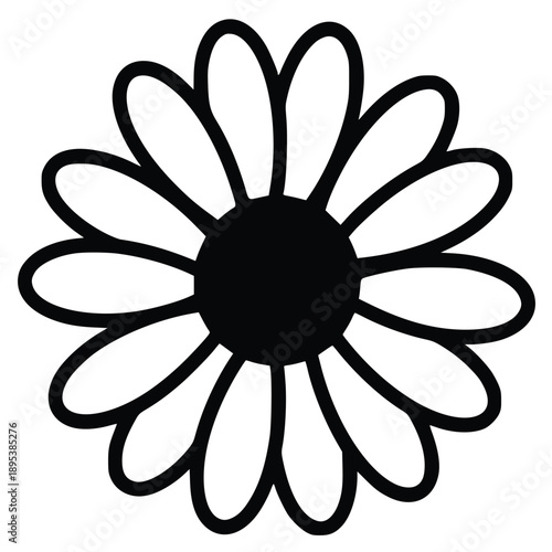 Simple black outlined daisy flower icon on a white background symbolizing innocence and purity in a minimalist design.