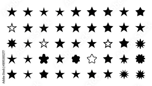 A collection of various star shapes and designs in black and white, displayed in a grid pattern for visual comparison and reference.
