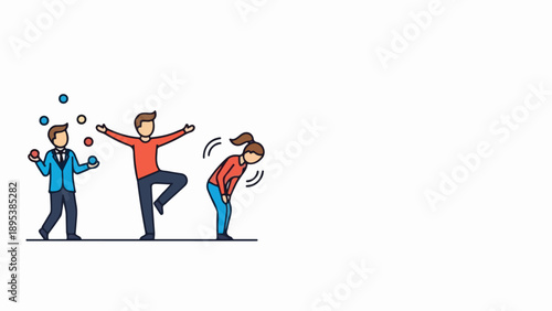 Cartoon illustrates work stress, person juggling, balancing, third dizzy. Work stress highlights demands, instability, mental fatigue from pressures. Visual for work stress, wellbeing,