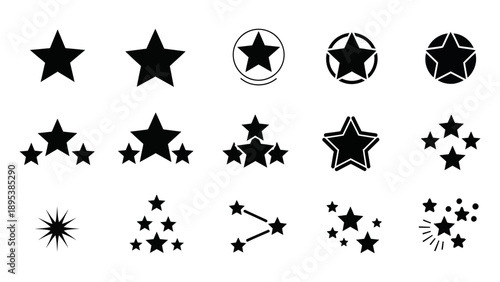A collection of various star shapes and constellations in different styles on a clean white background illustration showcasing diverse star designs and formations from simple to complex