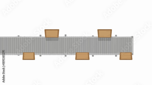 Industrial conveyor belt boxes move on gray mechanism, overhead view. Automated production line shows brown cardboard conveyor belt boxes transporting packages. Modern logistics,