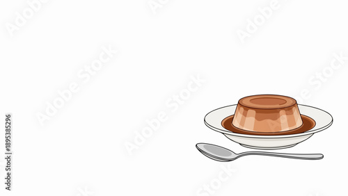 Delicious caramel flan dessert on white plate with silver spoon. Classic caramel flan dessert features creamy custard and caramel sauce, perfect treat. Elegant caramel flan dessert for menus,
