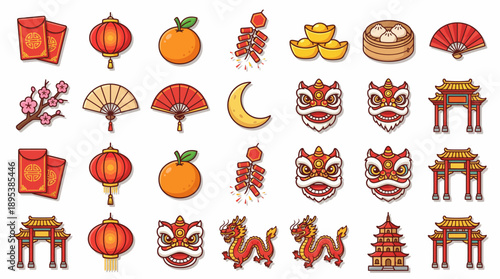 Chinese New Year Symbol Vector Icon Set – 15 Red Line Illustrations Featuring Lanterns, Dumplings, Firecrackers, Dragon, and Pagoda for Festive Design and Tradition