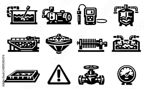 Industrial Wastewater Treatment Systems in bold style: equalization tank, chemical dosing pump, pH meter, reaction vessel, dissolved air flotation unit, sludge. Vector icons