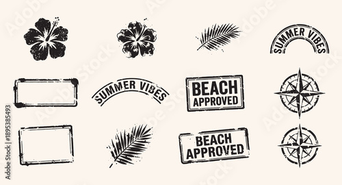Summer vibes beach approved stamps and labels with tropical flowers and feathers