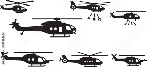 Collection of diverse black helicopter silhouettes illustrating various flight stages and designs
