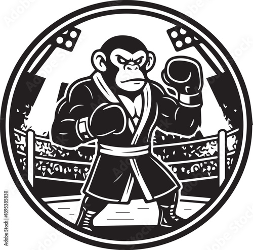 Championship Boxer Monkey Emblem Bold Black and White Circular Mascot of a Muscular Chimpanzee Fighter in a Boxing Ring