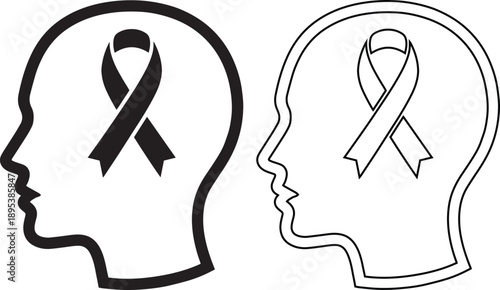 Set of vector icons featuring a human head with an awareness ribbon to symbolize mental health, cancer support and psychology, designed in solid black silhouette and linear outline styles.