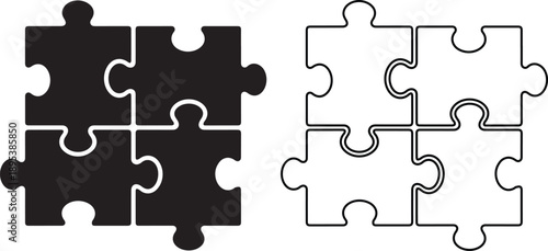 Set of vector icons featuring four puzzle pieces joined together to represent teamwork, unity and problem solving, designed in solid black silhouette and linear outline art styles.