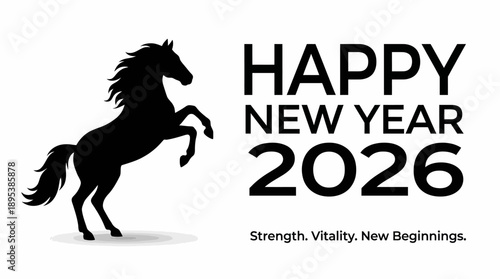 2026 New Year Horse Silhouette Vector – Bold Rearing Horse with Festive Typography Celebrating the Year of the Horse for Cultural and Seasonal Design