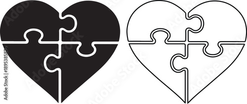 Set of vector icons featuring a heart shape made of puzzle pieces to represent love, autism awareness and unity, designed in solid black silhouette and linear outline art styles.