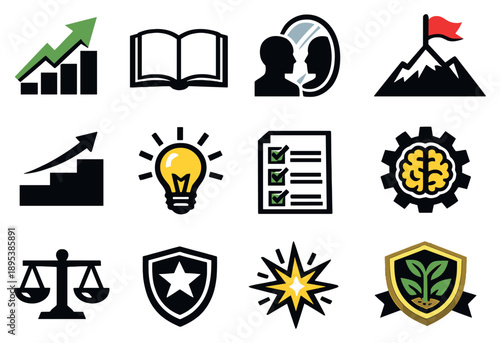 Personal Growth Essentials in bold style: growth arrow, open book, self reflection mirror, goal flag, progress steps, motivation lightbulb, habit checklist. Vector icons