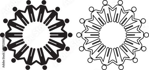 Set of two circular vector icons featuring stylized people holding hands to represent community, unity and teamwork, designed in solid black silhouette and linear outline art styles.