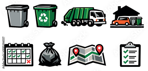 Residential waste collection overview in bold style: trash bin, recycling bin, garbage truck, curbside pickup icon, collection calendar, waste bag, route map. Vector icons