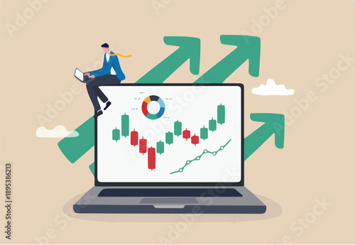 Stock trading or crypto currency investing, technical analysis for investment, financial graph and chart, stock market or currency exchange concept, businessman investor using laptop to trade graph