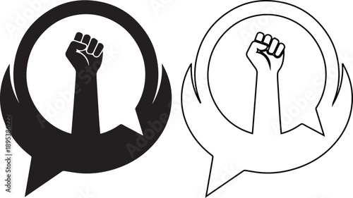 Set of vector icons featuring a raised fist inside a speech bubble to symbolize freedom of speech, revolution, protest and power, designed in black silhouette and linear outline art styles.