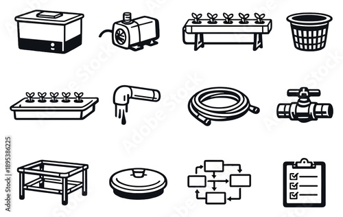 Hydroponic System Infrastructure in outline style: nutrient reservoir tank, water circulation pump, PVC grow channels, net pot cups, growing tray, return drain. Vector icons