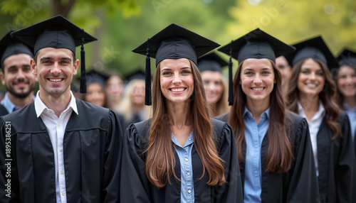 Graduates smiling in black caps and gowns outdoors
