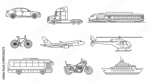 Collection of Transportation Vehicles Line Art Icons.