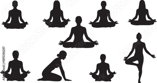 Yoga Silhouettes of People in Various Meditation Poses Together