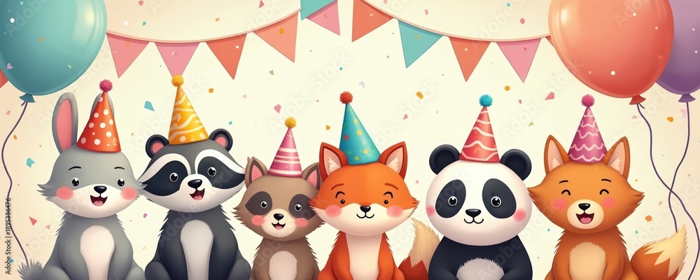 Fototapeta premium Cute woodland animals celebrate with party hats balloons and banners. Rabbit raccoon fox panda friends have fun together at festive birthday party gathering. Adorable critters enjoy happy celebration.