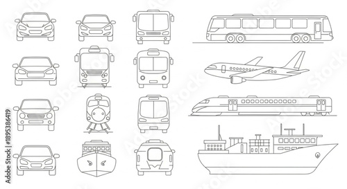 Collection of Transportation Vehicles Line Art Icons.
