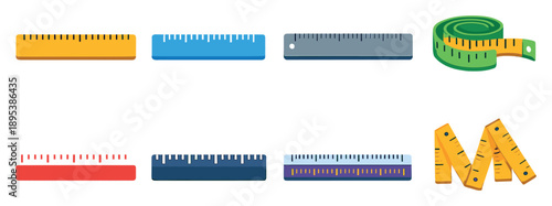 Types of rulers and scales in flat style: wooden ruler, plastic ruler, metal ruler, flexible ruler, metric scale, imperial scale, dual scale ruler, folding. Vector icons