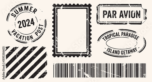 Summer vacation post stamps and barcode for tropical island getaway travel