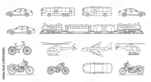 Collection of Transportation Vehicles Line Art Icons.
