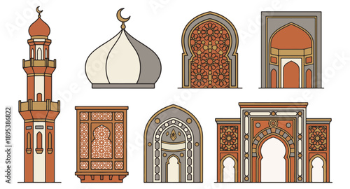 Islamic architecture elements, mosque details, arches, domes, minarets, traditional Middle Eastern design