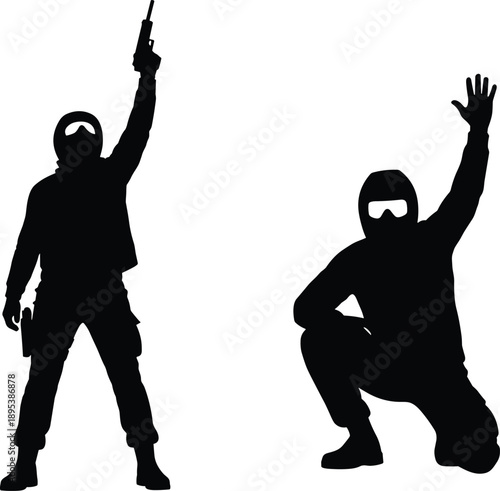 Armed Masked Men Silhouette with Raised Hands Representing Crime Terrorism Conflict Security Threat Violence Concept Vector Illustration