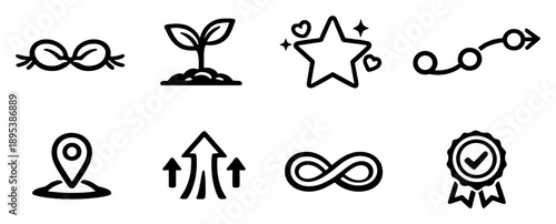 Relationship bond development in outline style: connection seed, growth sprout, shared experiences star, timeline path, milestone marker, strengthening arrow. Vector icons