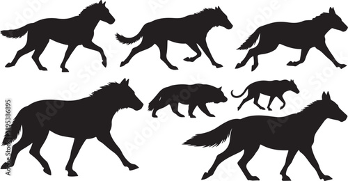 Silhouettes of horses and a bear in motion together