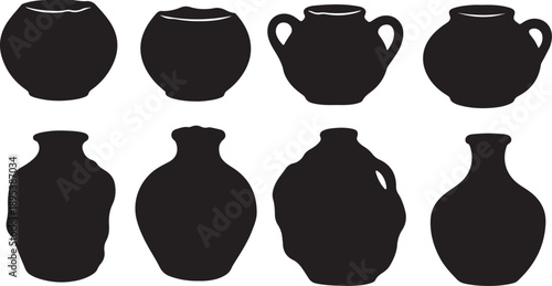 Collection of black silhouettes of various ceramic vases and pots