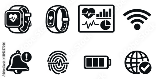 Smart wearables overview in outline style: smartwatch device, fitness band, health dashboard, wireless signal, notification alert, biometric sensor, battery. Vector icons