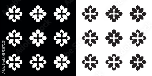 Geometric Quatrefoil Silhouette Set for Architectural Decor, Tile Patterns and Branding; Black and White Minimalist Ornamental Motifs; Fully Editable EPS 10 Vector Illustration Asset for Designers.
