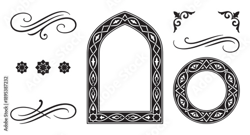 Ornate frame and border design elements, featuring intricate patterns and floral motifs in black and white, for decorative and artistic use.