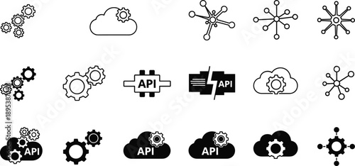 Cloud computing, API and network integration icon set featuring gears, cloud services and data connection symbols in clean monochrome outline style for technology design