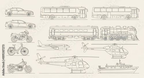 Collection of Transportation Vehicles Line Art Illustrations.
