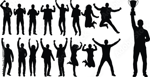 Celebrating people silhouettes collection showing success victory jumping cheering poses with trophy isolated black vector illustration set